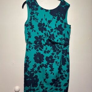 New! Ann Taylor Green and Navy Floral Midi Sheath Dress